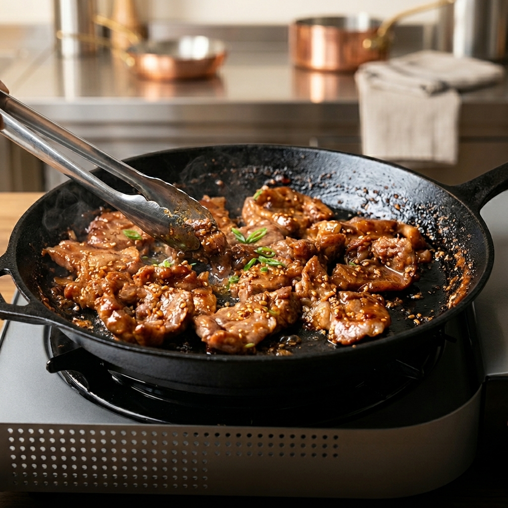 フライパンでタレが絡まり、つややかになった豚肉。