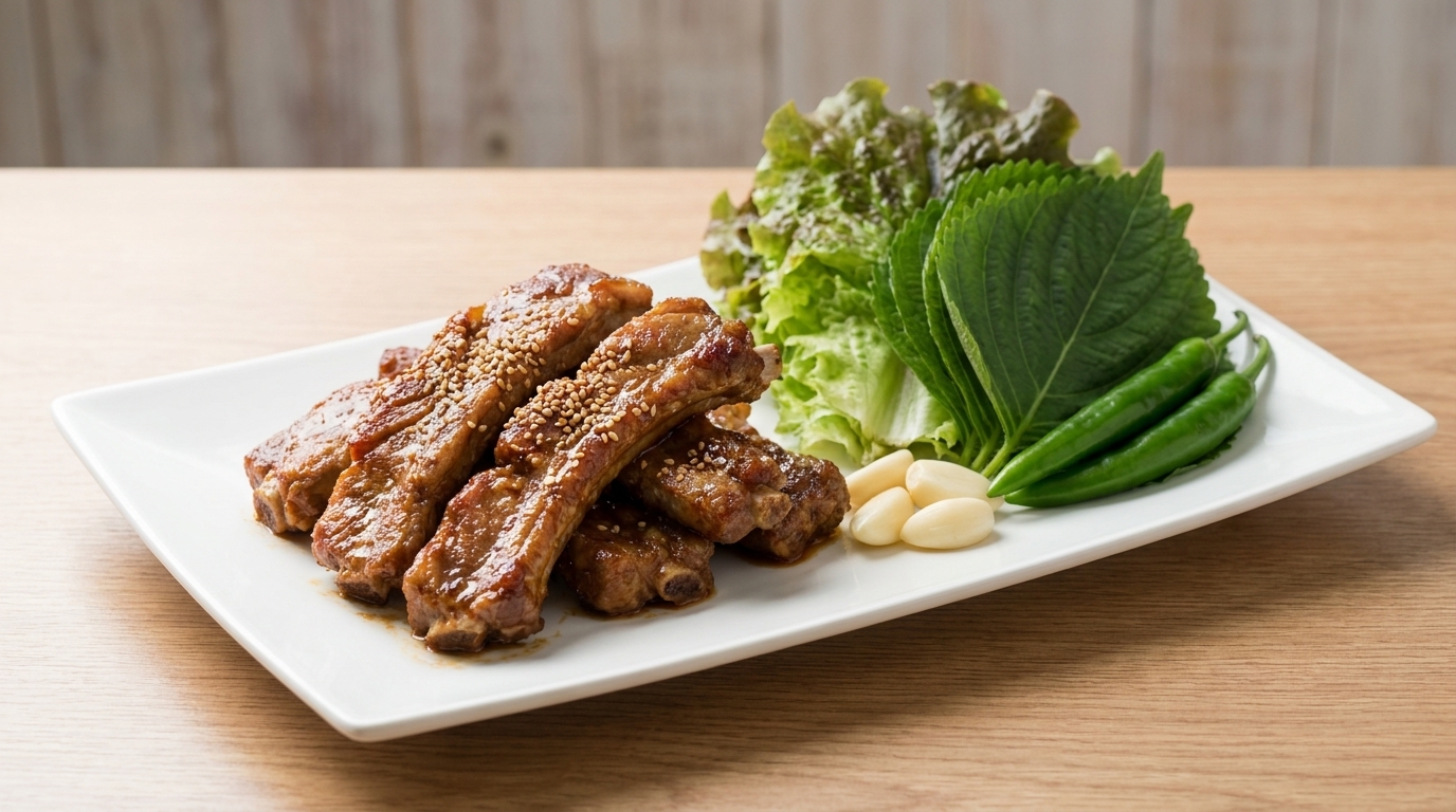 サンチュなどの野菜を添えた、つややかな焼き色が食欲をそそる韓国風豚カルビの盛り付け。