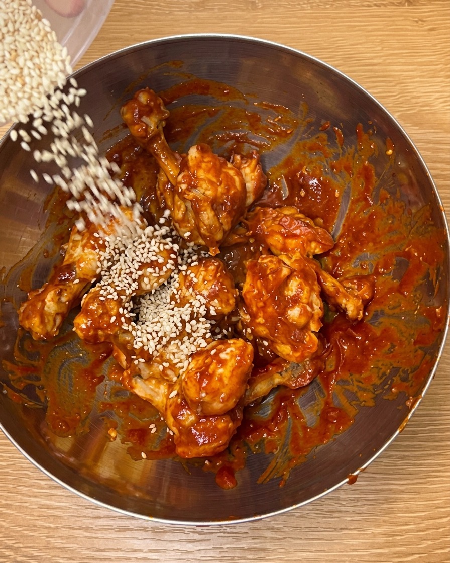 ボウルに入ったチキンに、いり白ごまを振りかけている様子。