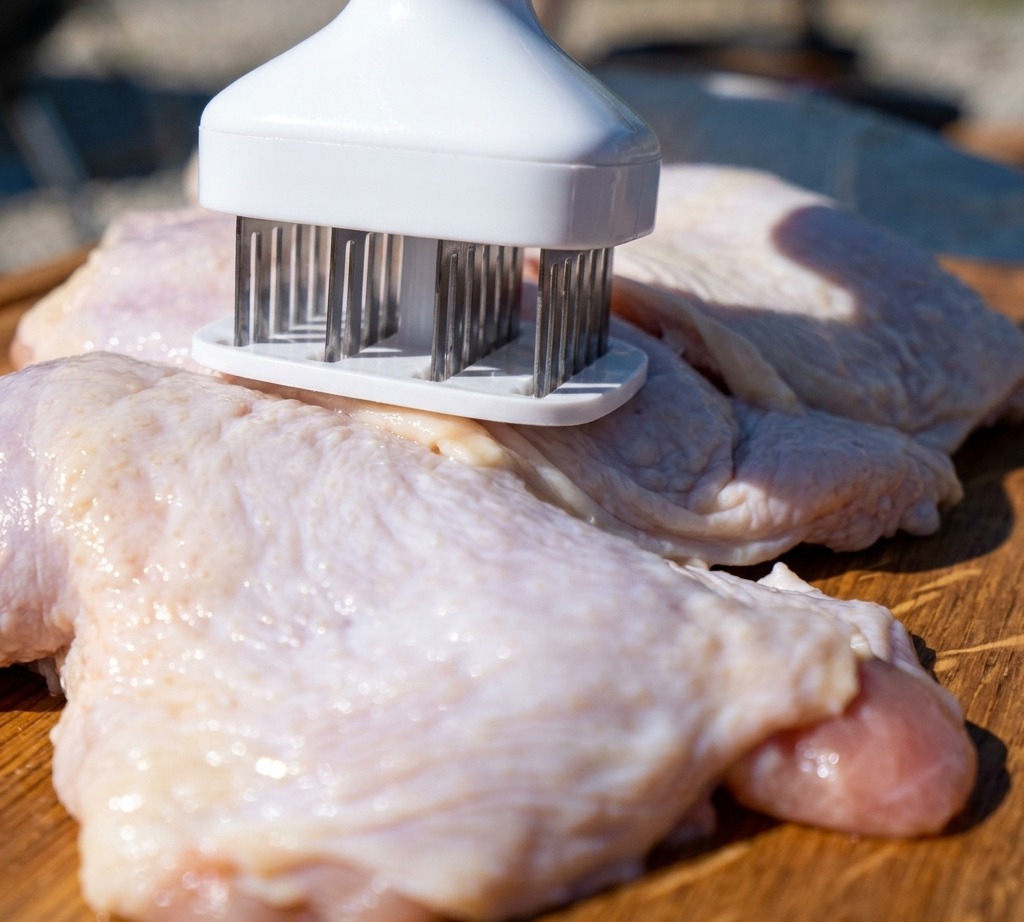 まな板の上で肉たたきを使って鶏肉を下処理している様子。