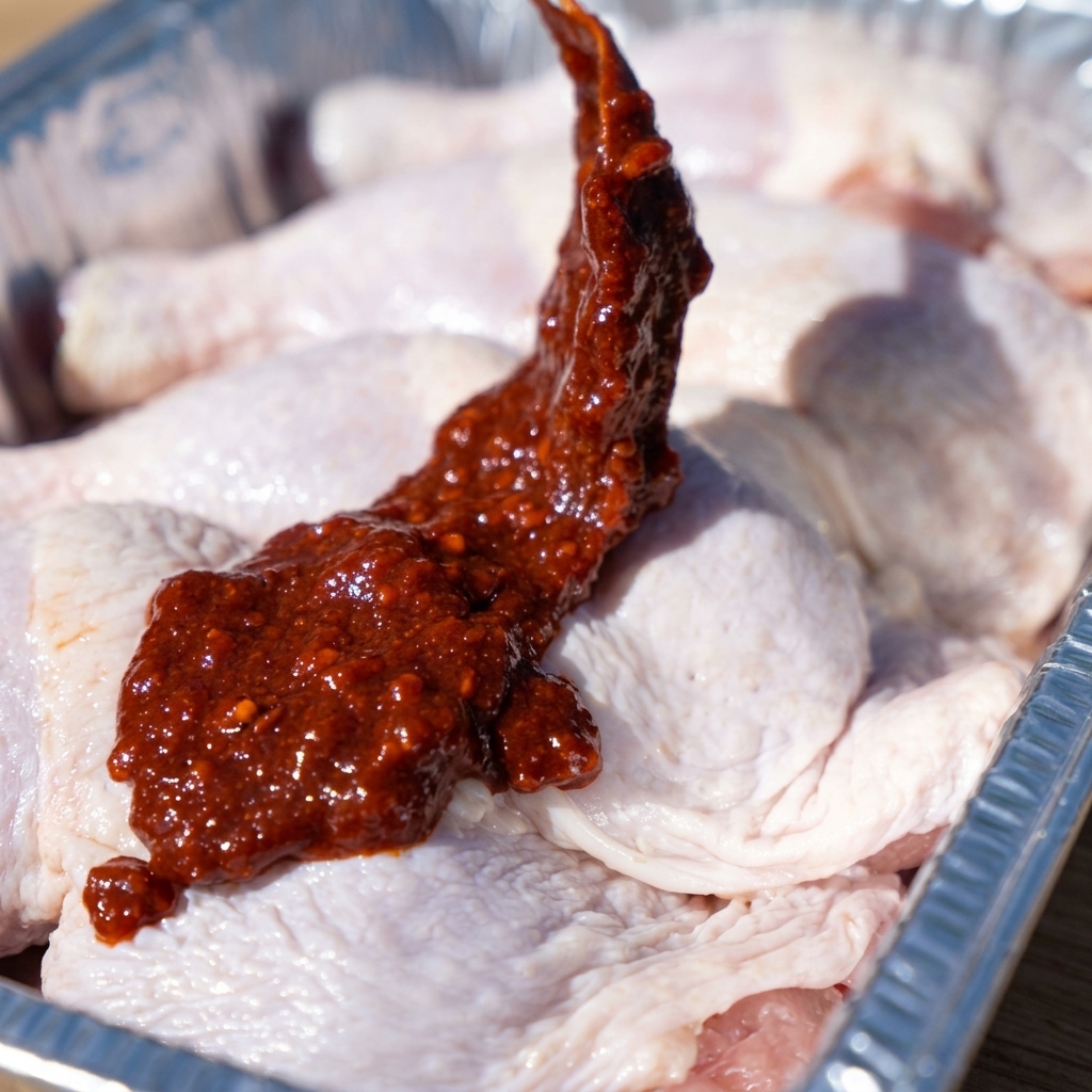 アルミトレイに入った鶏肉にソースを絡めている様子。