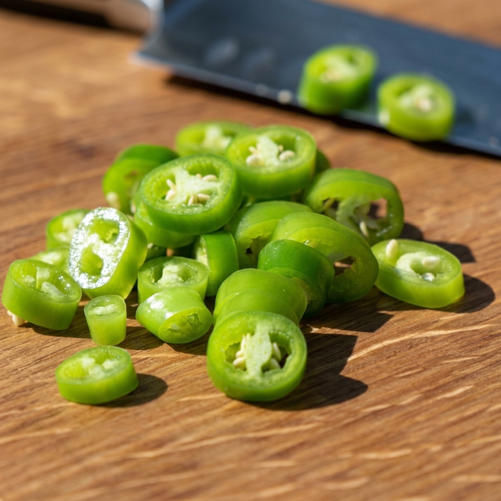 野菜の上に刻んだ青唐辛子を散らしている様子。