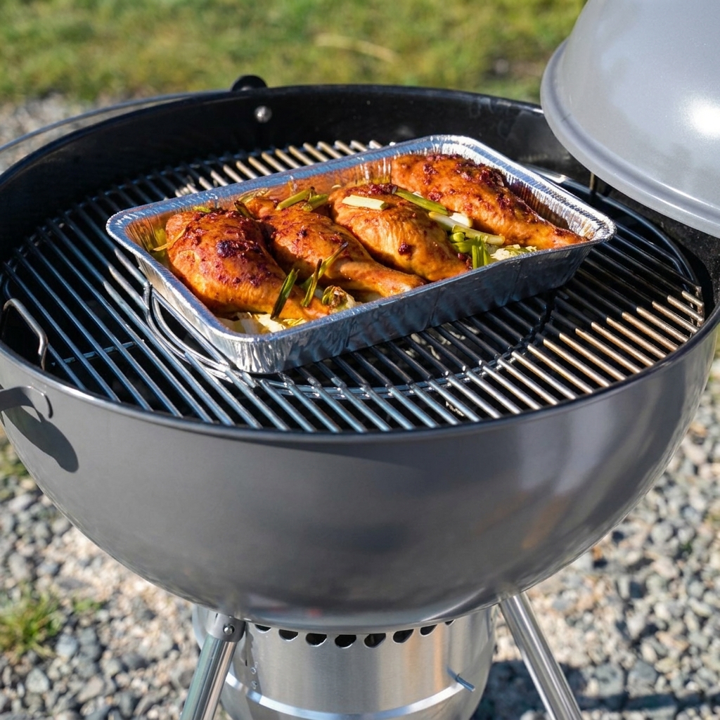グリルで焼いている鶏肉にハケでソースを塗っている様子。