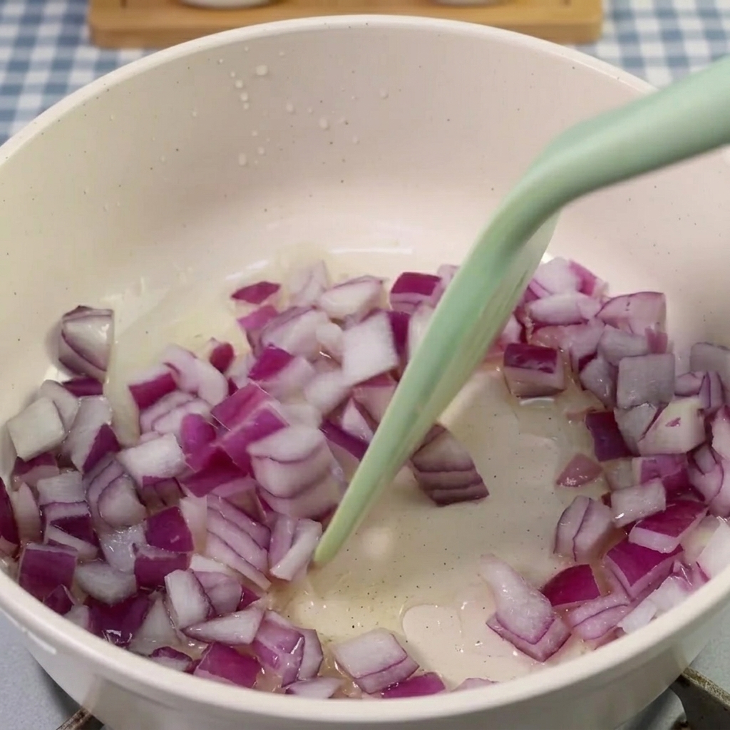 炒めた赤玉ねぎが入った鍋にキムチを加えている様子。