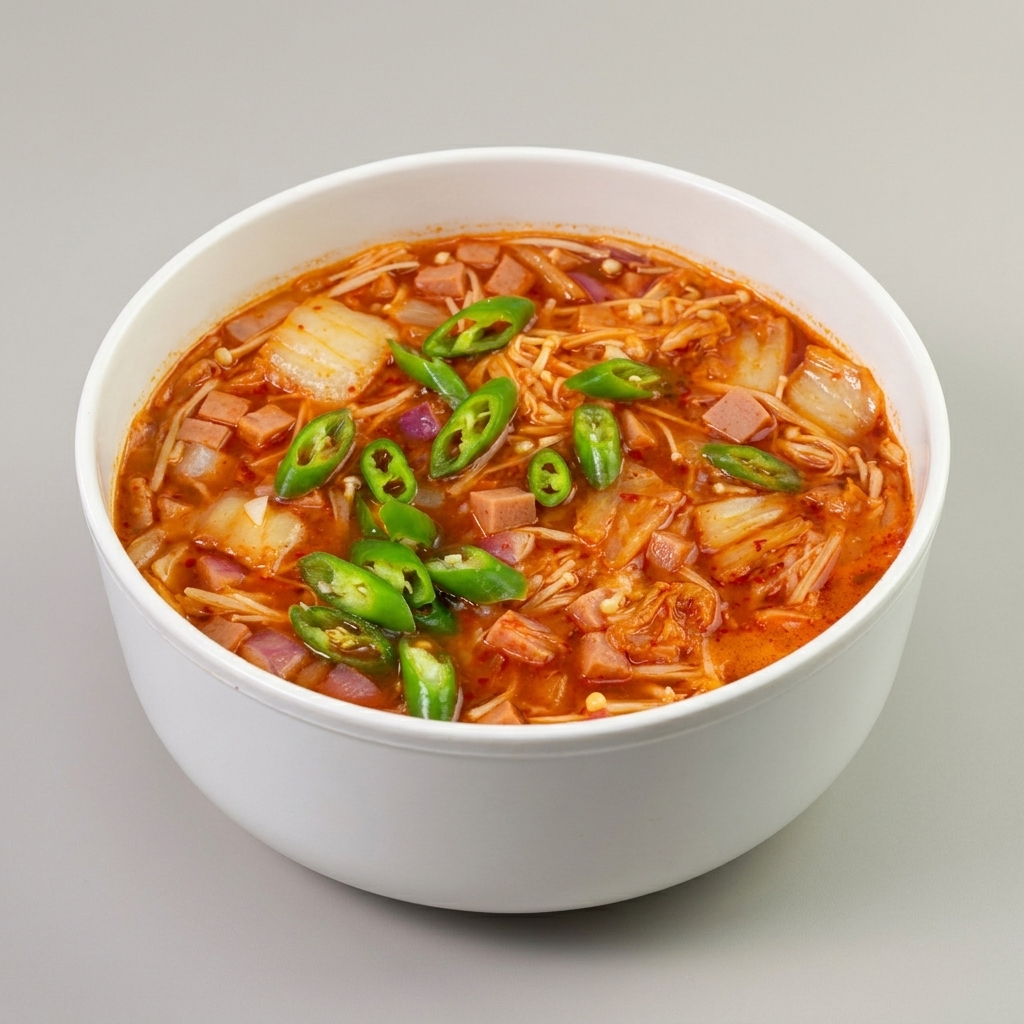 グツグツと煮えるスパイシーなキムチときのこのスープに、スライスした青唐辛子を加えている様子。