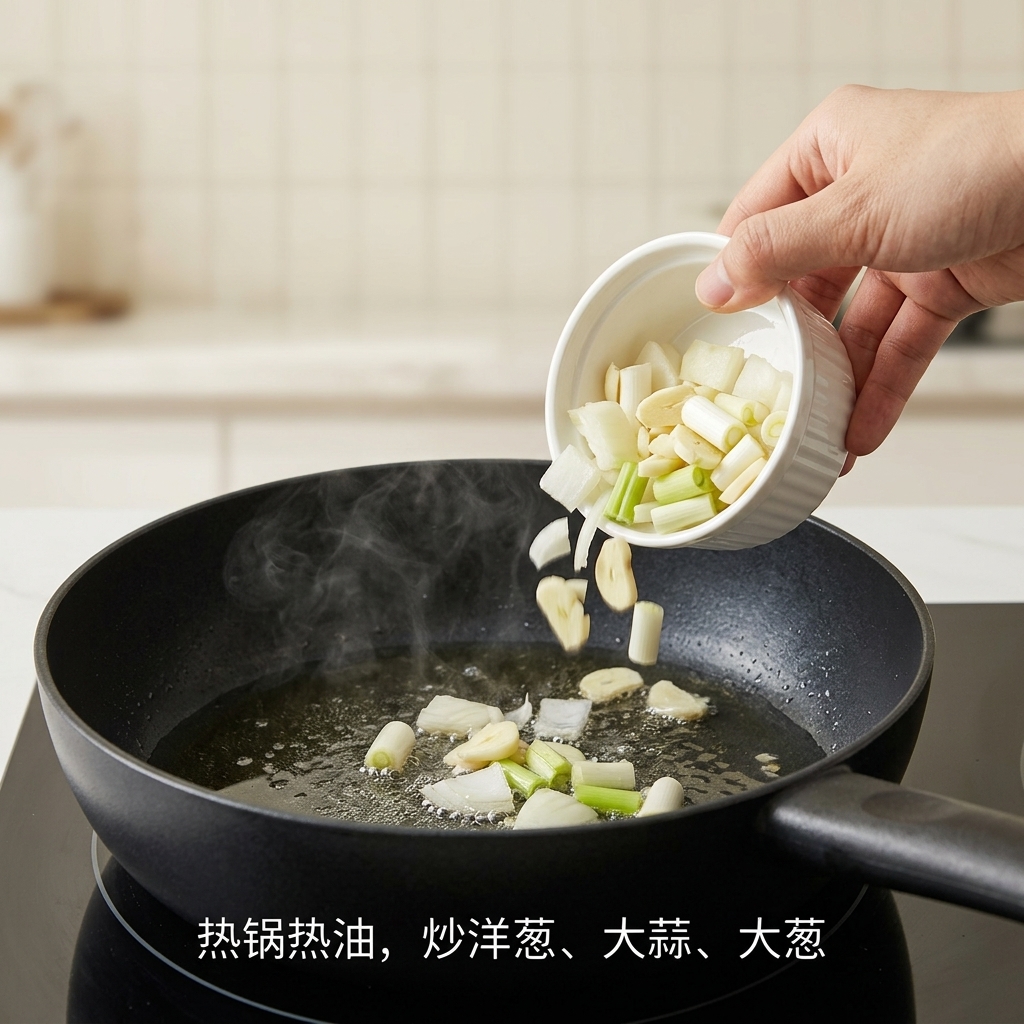 油で加熱され、赤玉ねぎ、にんにく、長ねぎが炒められているフライパン。