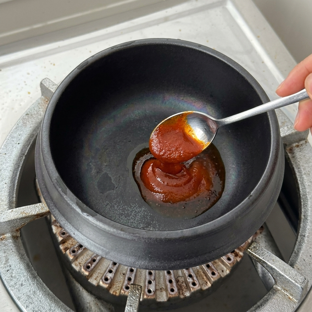 唐辛子ベースが敷かれた熱い鍋に、玉ねぎのスライスとみじん切りにしたニンニクを加えている様子。