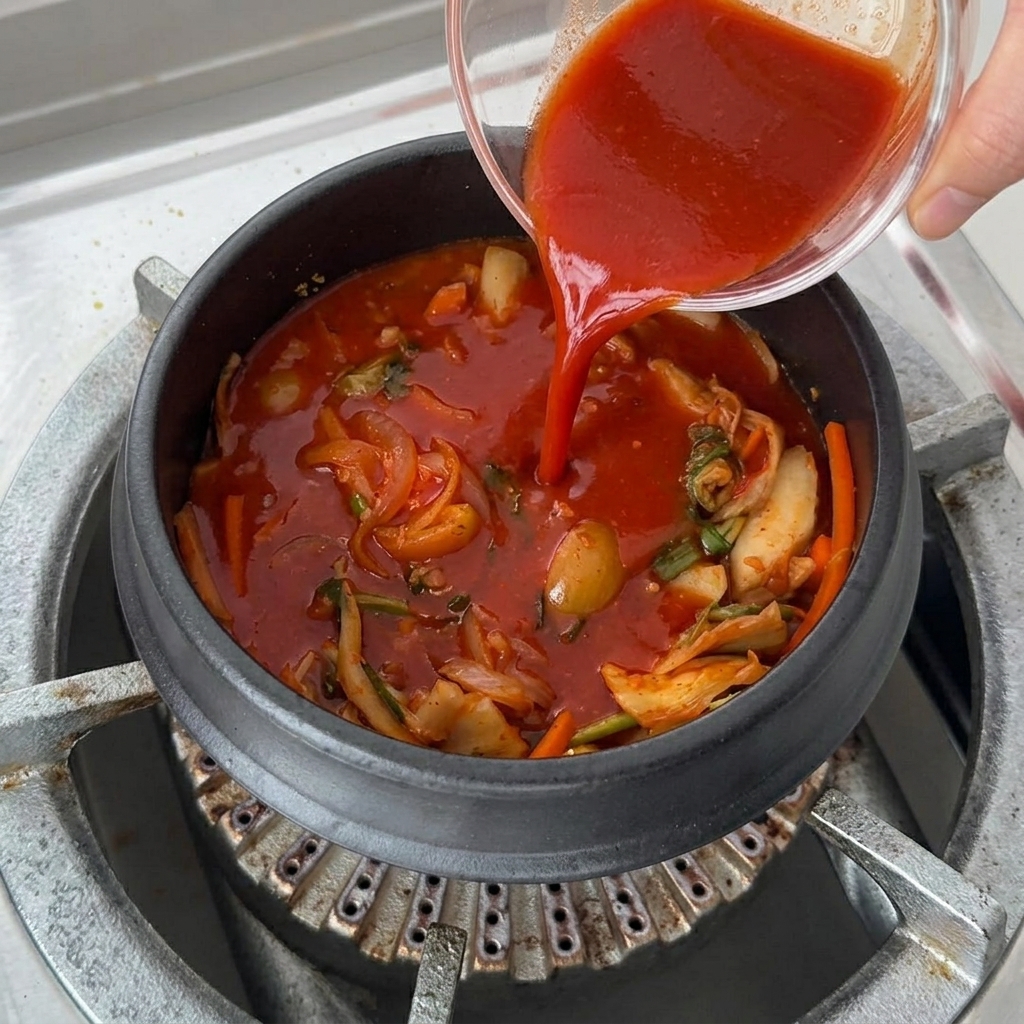 木綿豆腐のスライスとえのき茸の束を、ぐつぐつと煮立つ赤いキムチスープに入れている様子。