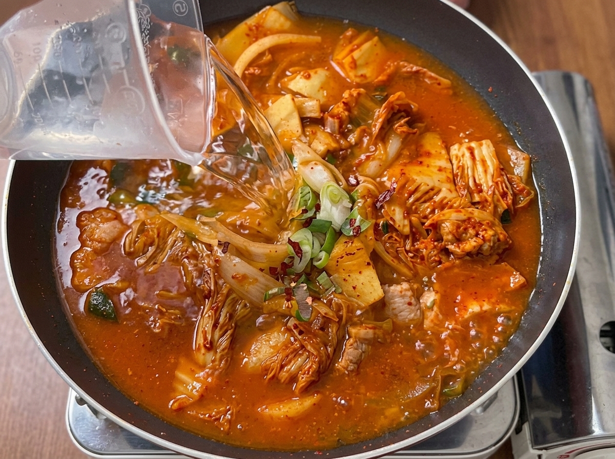 炒めたキムチと豚肉の鍋に、計量カップから水を注ぎ入れている様子。
