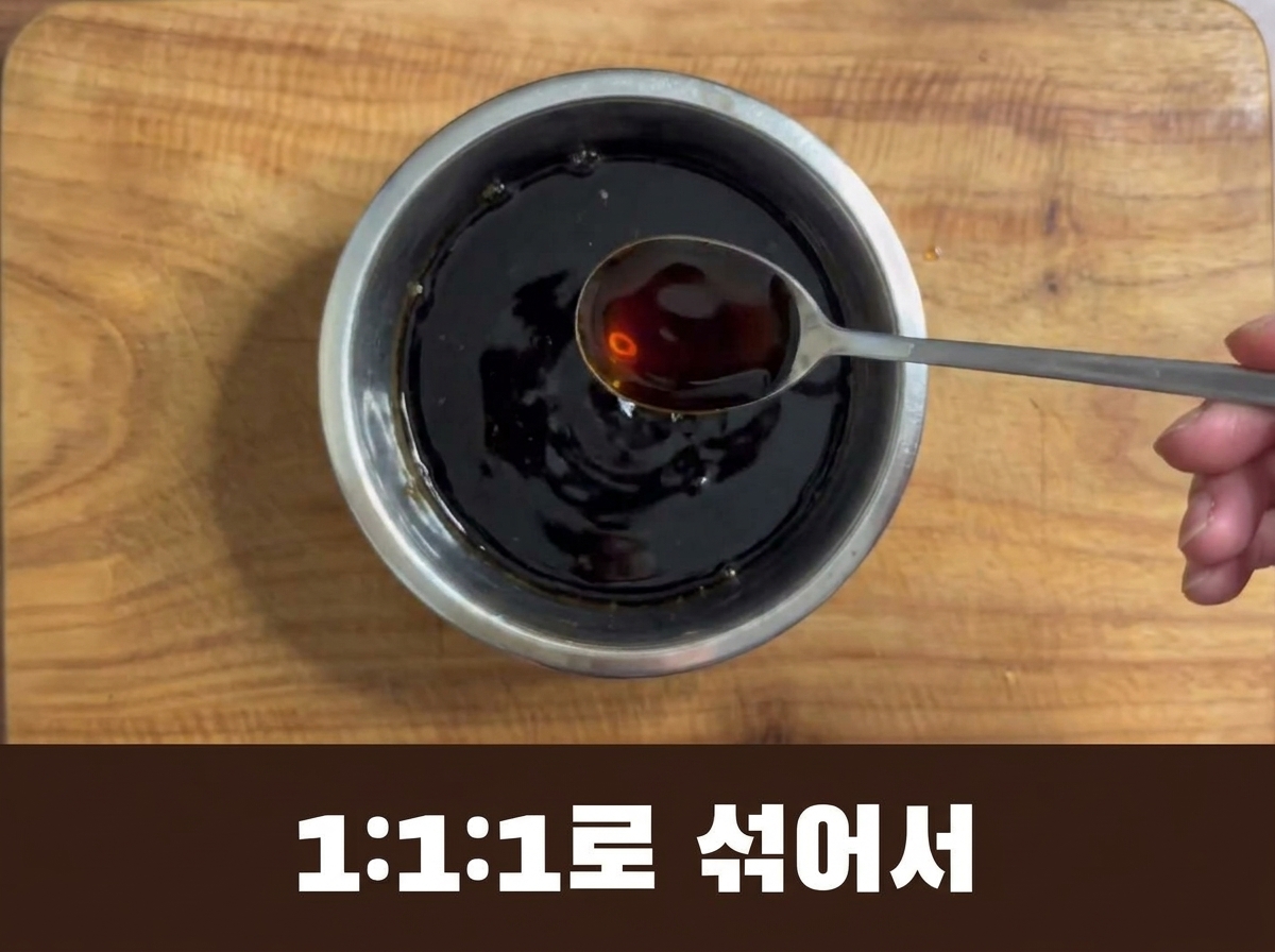 スプーンから黒っぽい合わせ調味料を鍋に加えている様子。