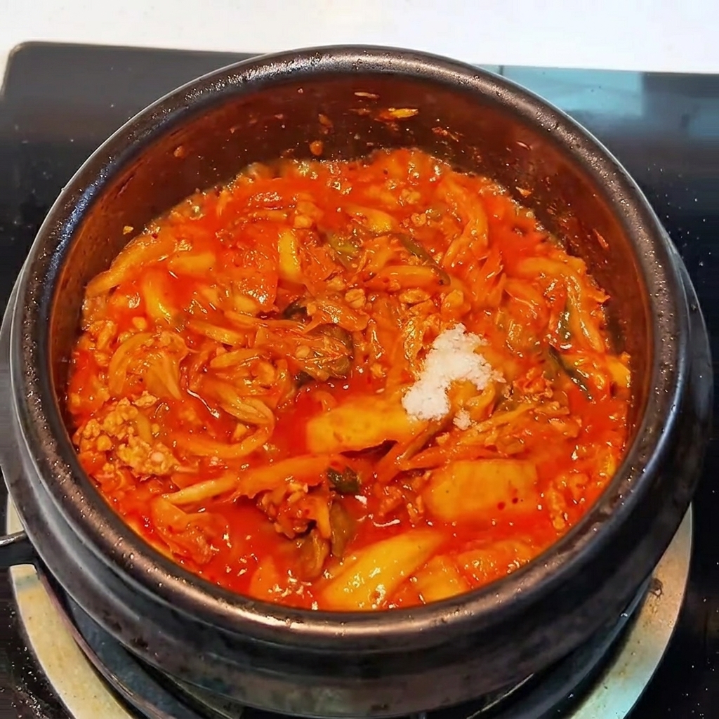 キムチと豚肉の炒め物に砂糖を加えている様子