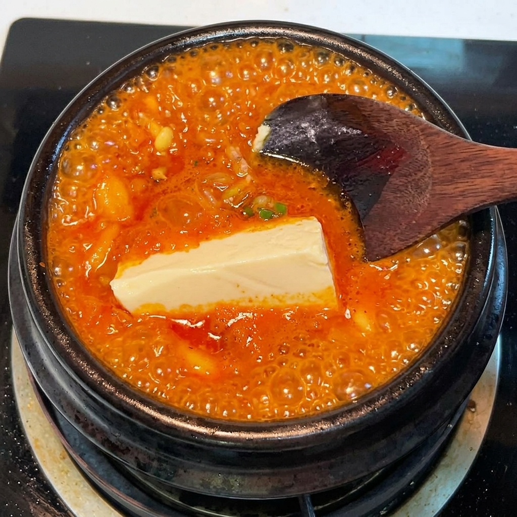 キムチチゲに絹ごし豆腐を入れている様子