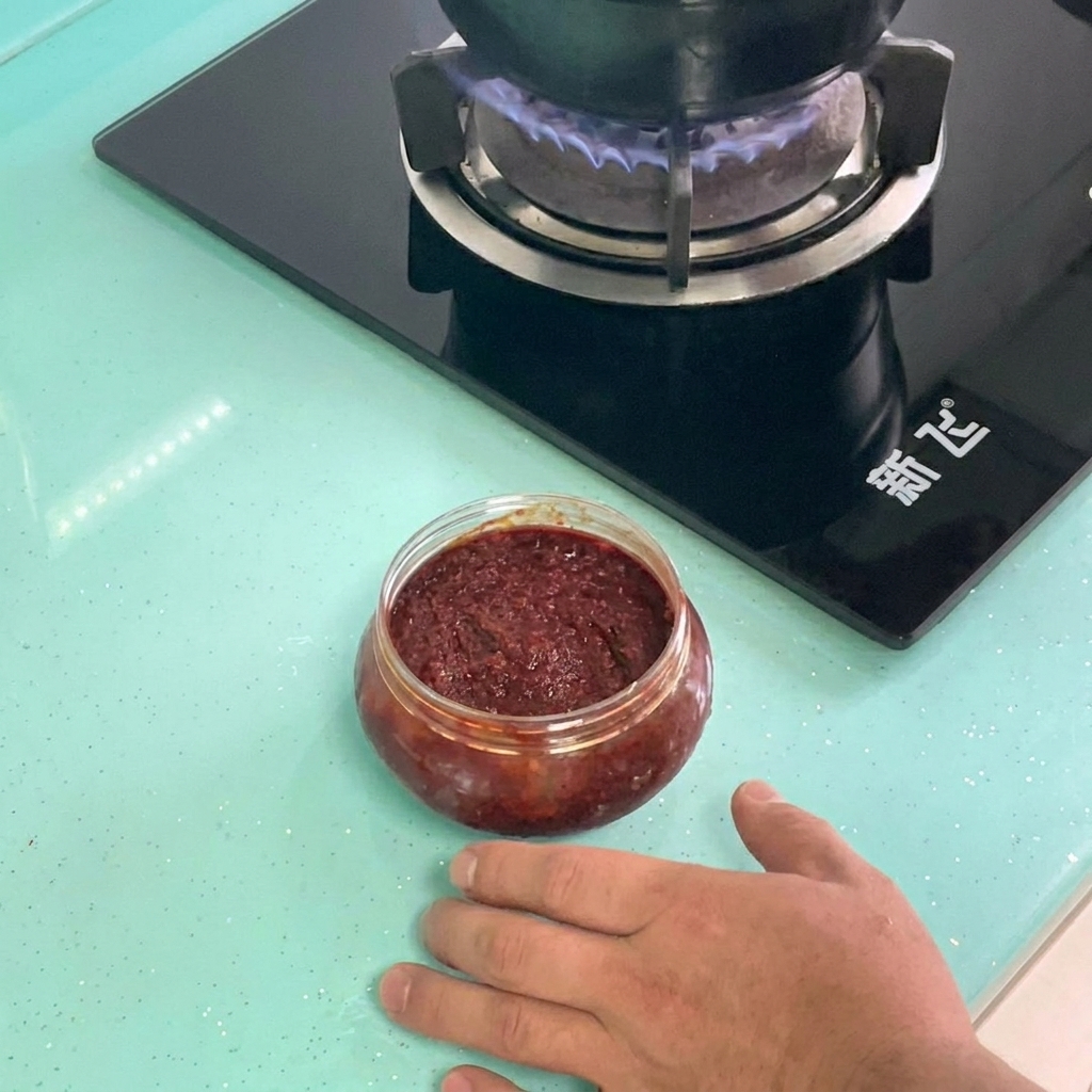 沸騰した湯にコチュジャンと味噌を溶かし入れている様子。