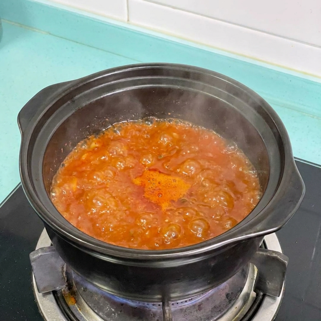 赤く煮立つスープに玉ねぎと豆腐を入れる様子。