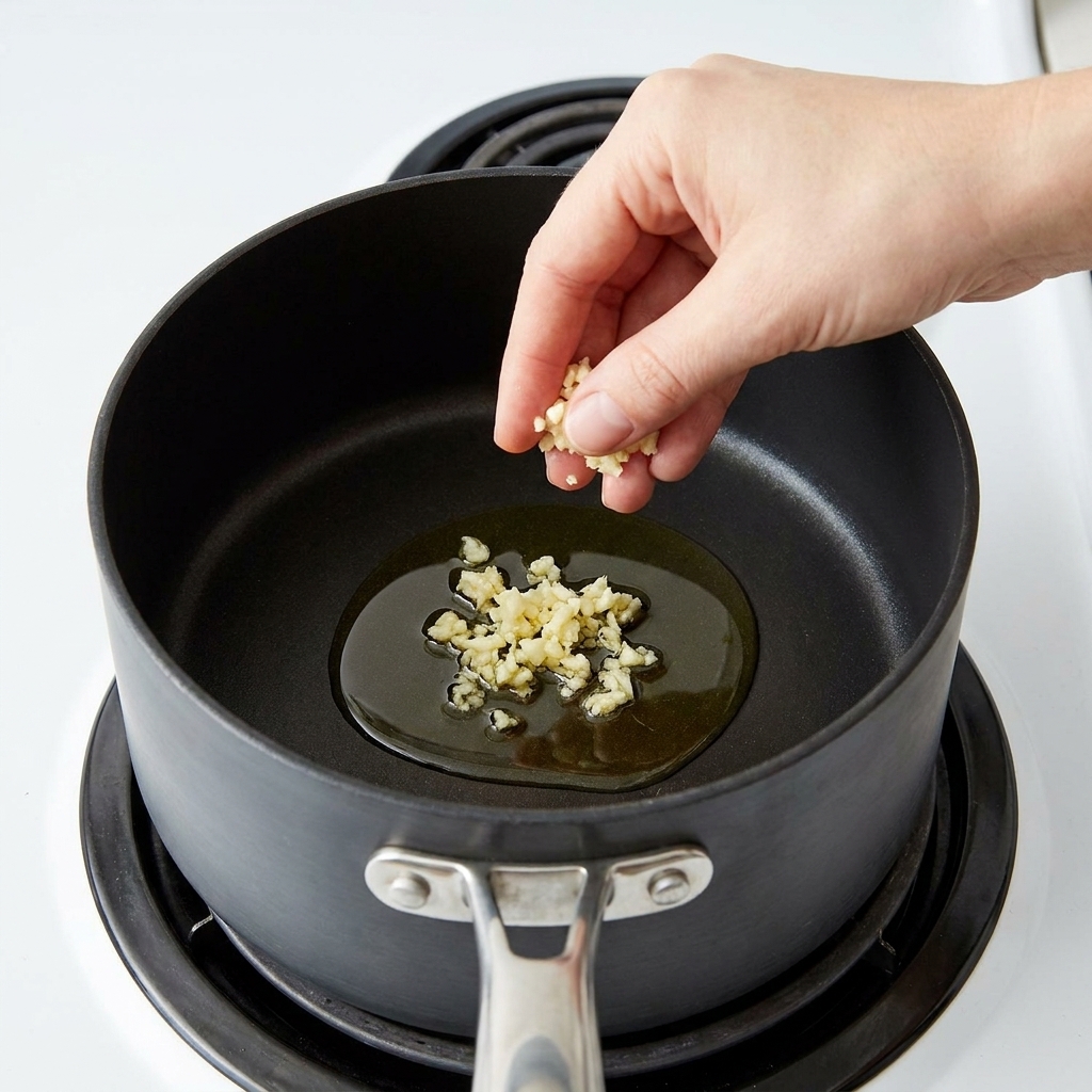 熱した油におろしにんにくを入れる様子。