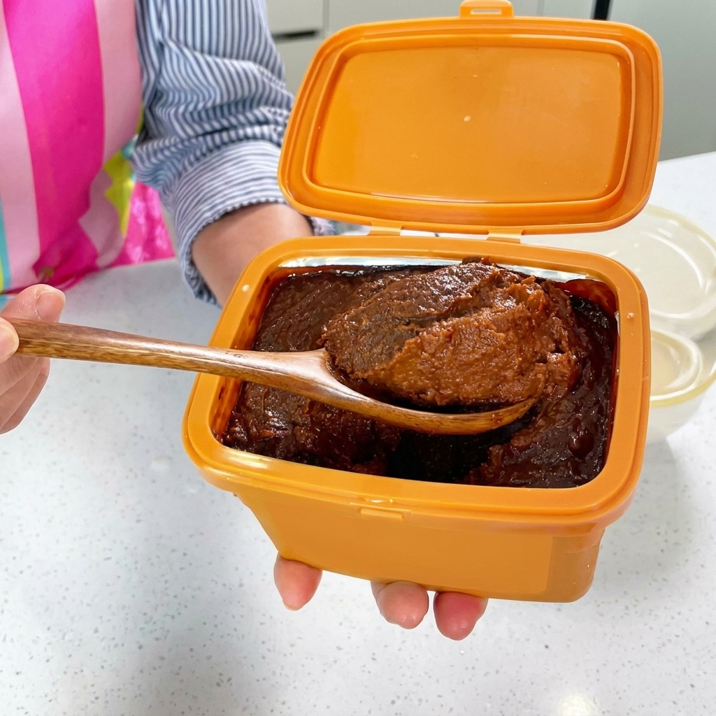 土鍋の研ぎ汁に大きなスプーンで味噌を溶かしている様子。