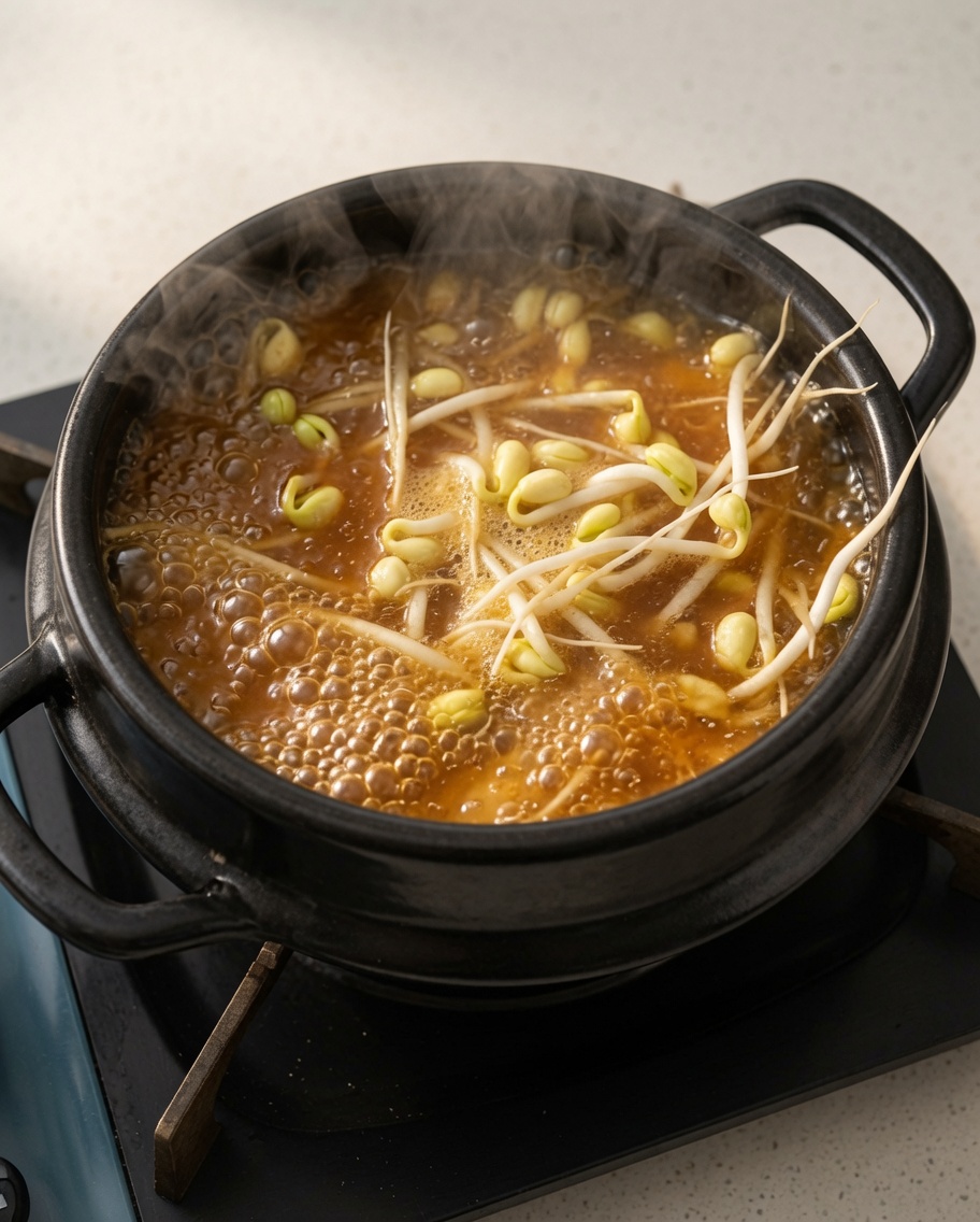 もやし、玉ねぎ、豆腐を土鍋の中に加えている様子。