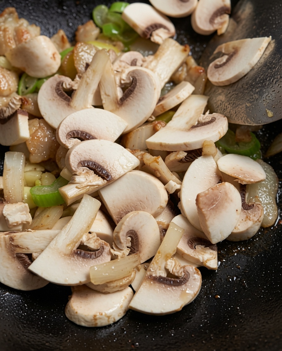 スライスしたキノコを鍋に加え、豚肉や薬味と炒めている様子。