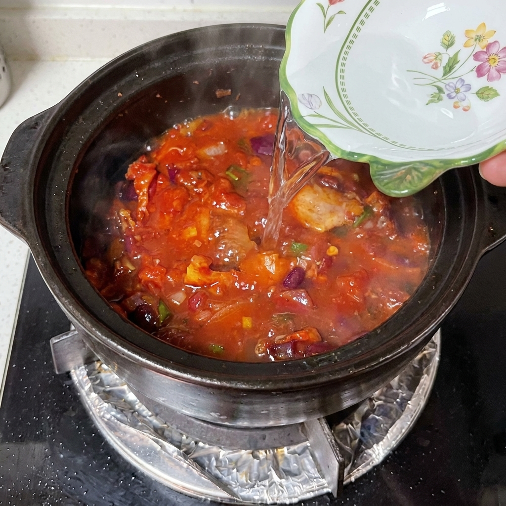 調味されたベースの入った土鍋に、水が注がれている様子。