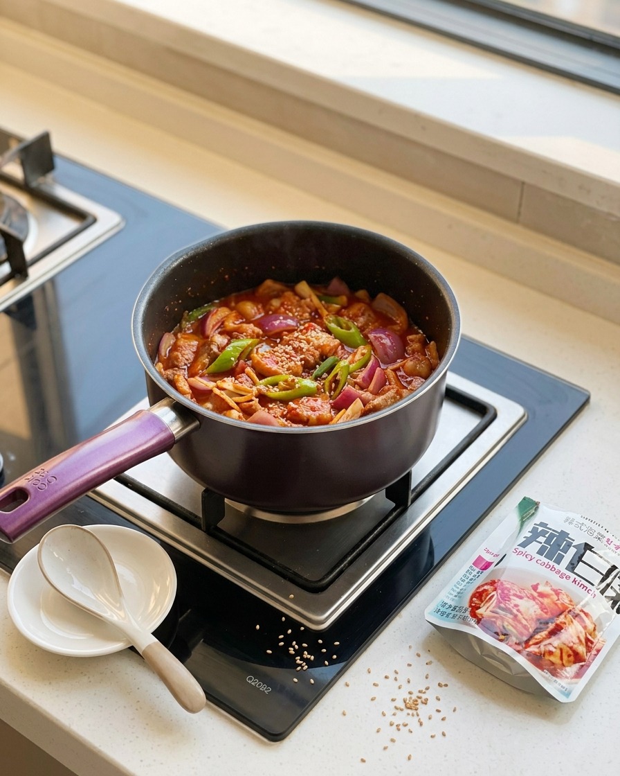 豚肉と香味野菜と一緒にキムチを炒め合わせている様子。