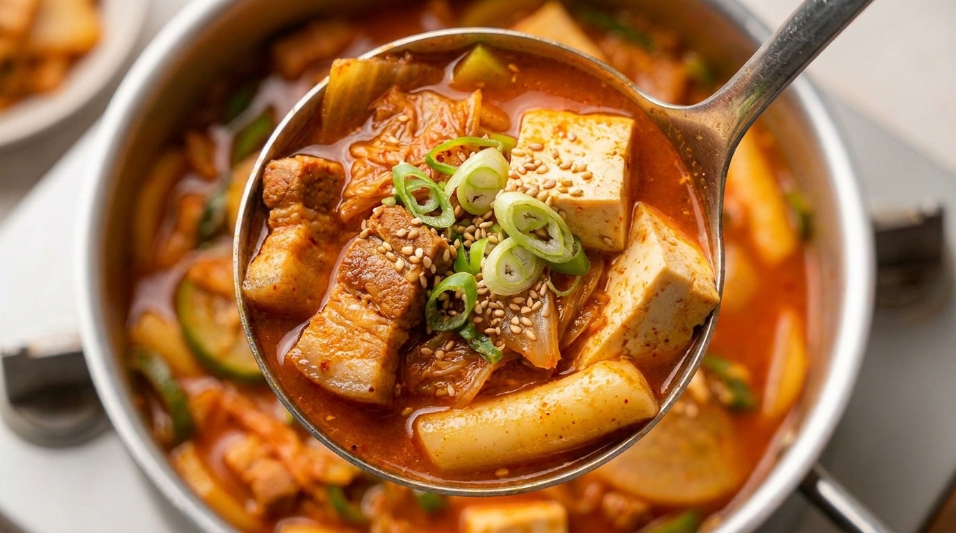 豚バラ肉とトッポギ、豆腐のピリ辛煮込み