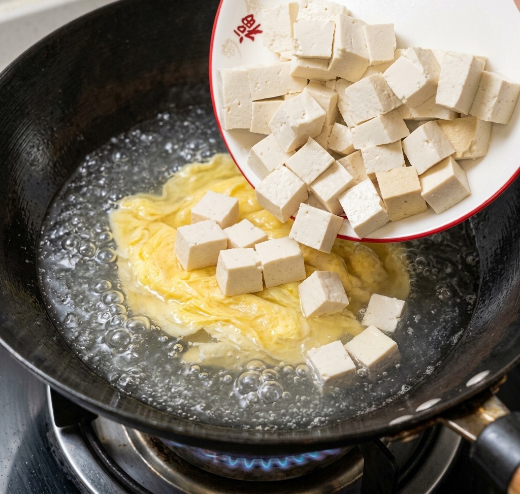 煮立っている卵スープに、角切りにした豆腐を加えている様子。