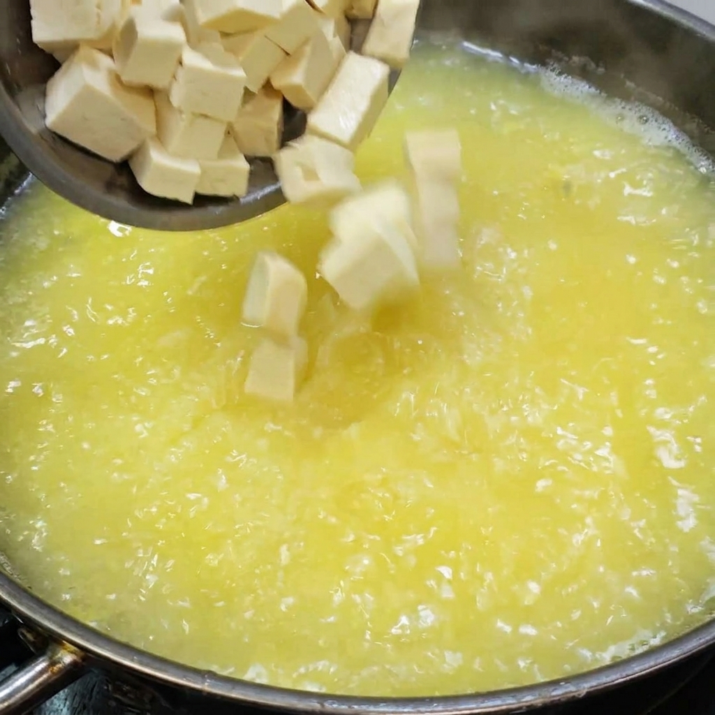 沸騰した塩卵スープの鍋に豆腐の角切りを加えている様子。