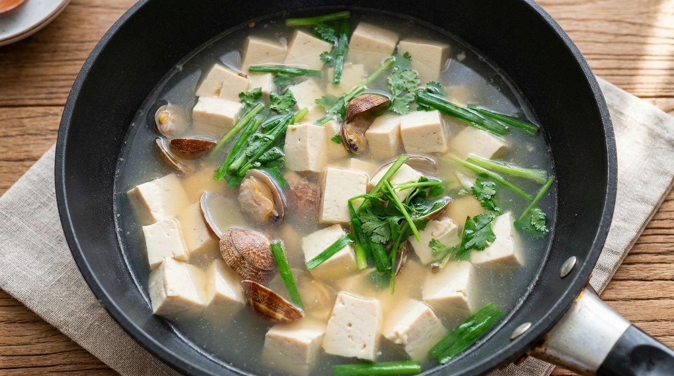 定番のあさりと豆腐のスープ