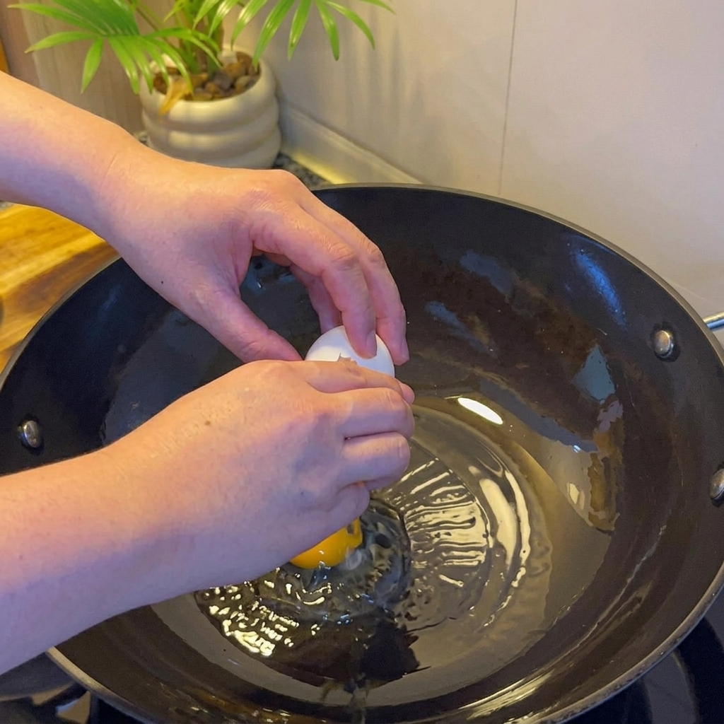 フライパンで両面をきつね色に焼いている卵。