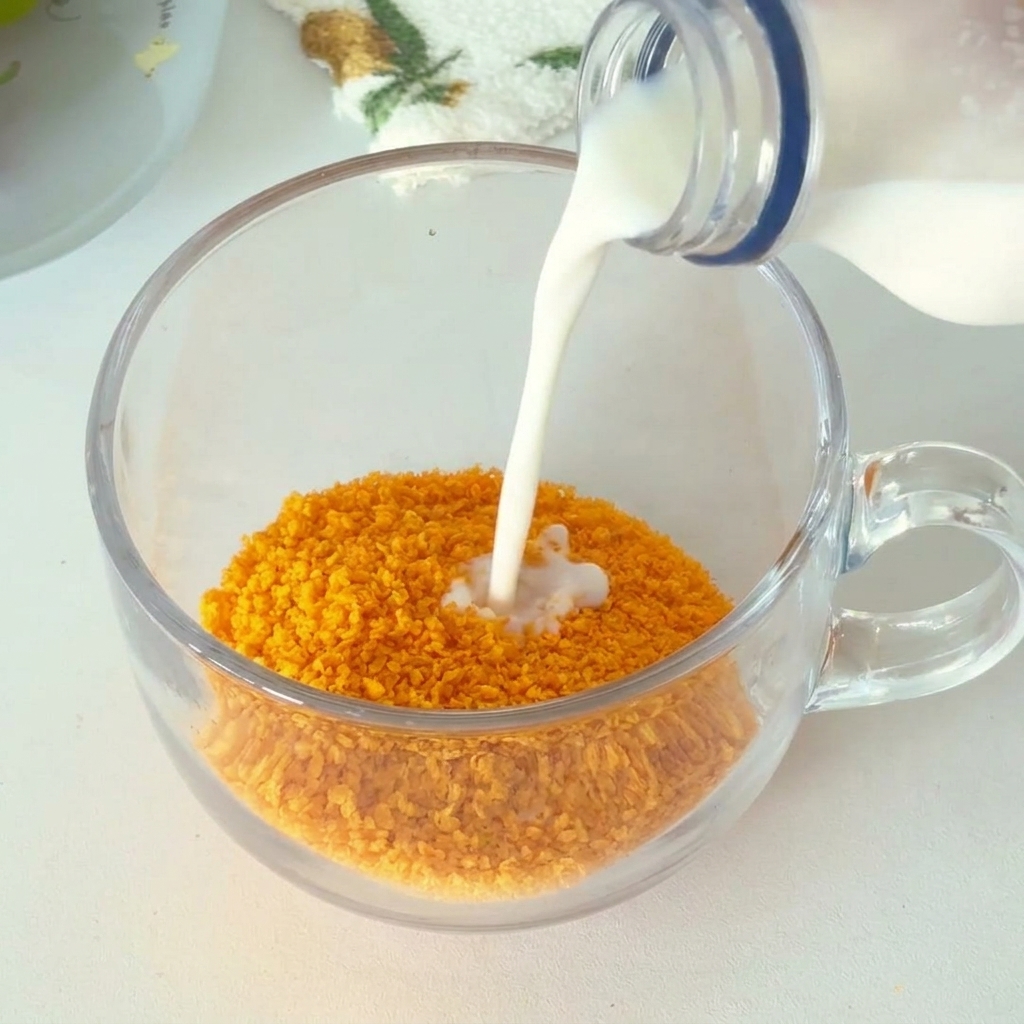 計量カップに入れたパン粉に牛乳を注ぎ、混ぜ合わせる様子。