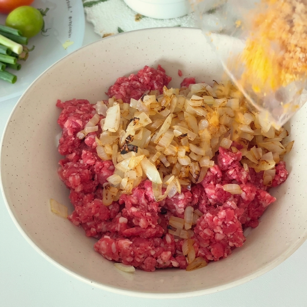 牛乳で湿らせたパン粉を、ひき肉と玉ねぎのボウルに入れる様子。