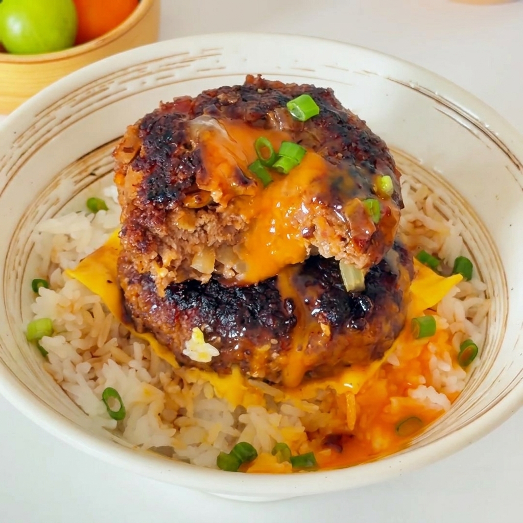 炊きたてのご飯の上にチーズとハンバーグをのせる様子。