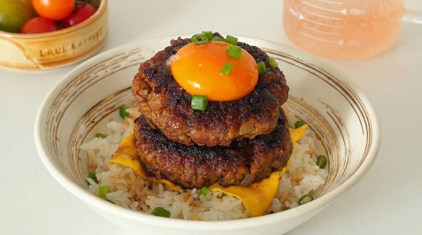 濃厚チーズと照り焼きのハーモニー：チーズバーガー丼（ロコモコ風）