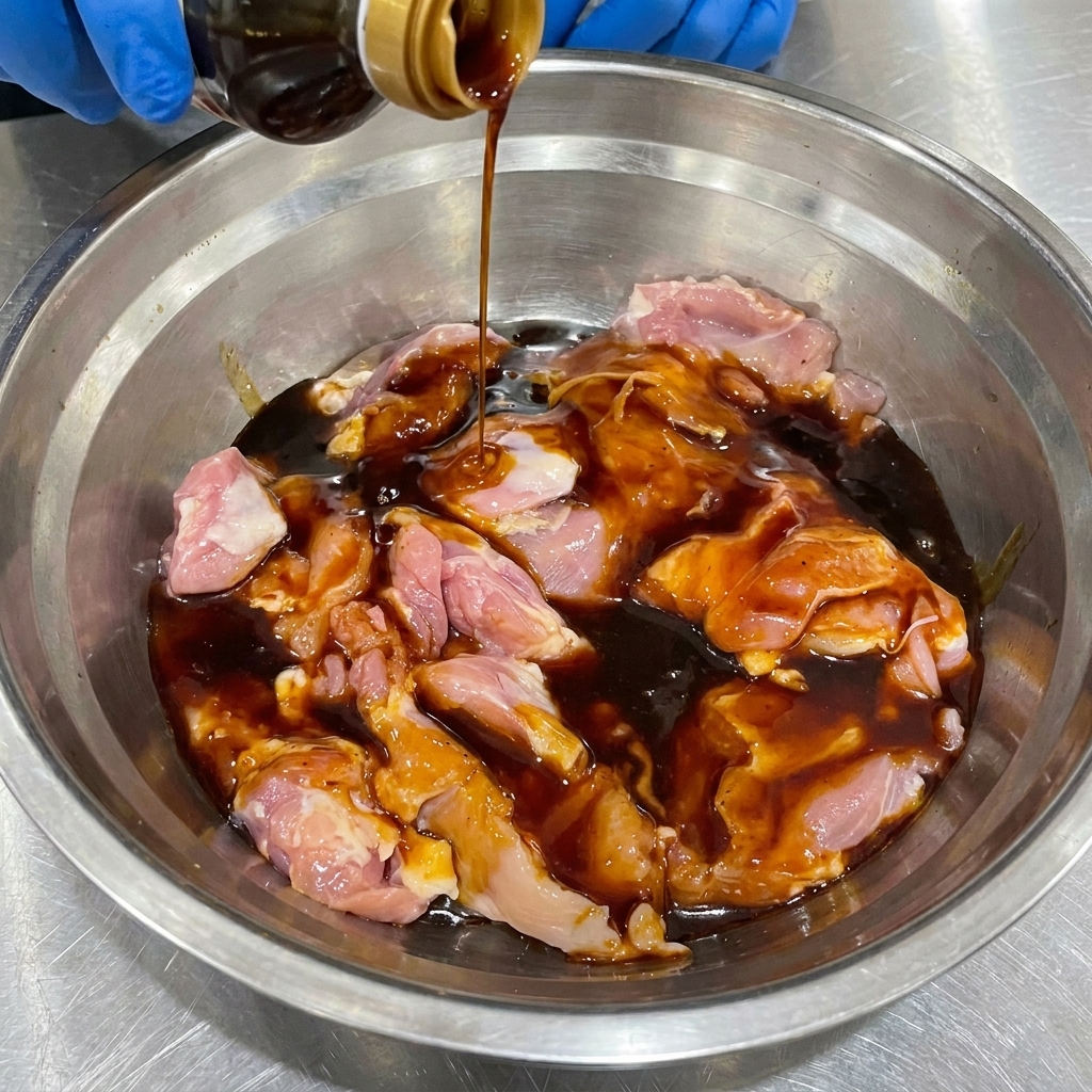 ボウルに入った生の鶏もも肉に照り焼きソースを絡めている様子。
