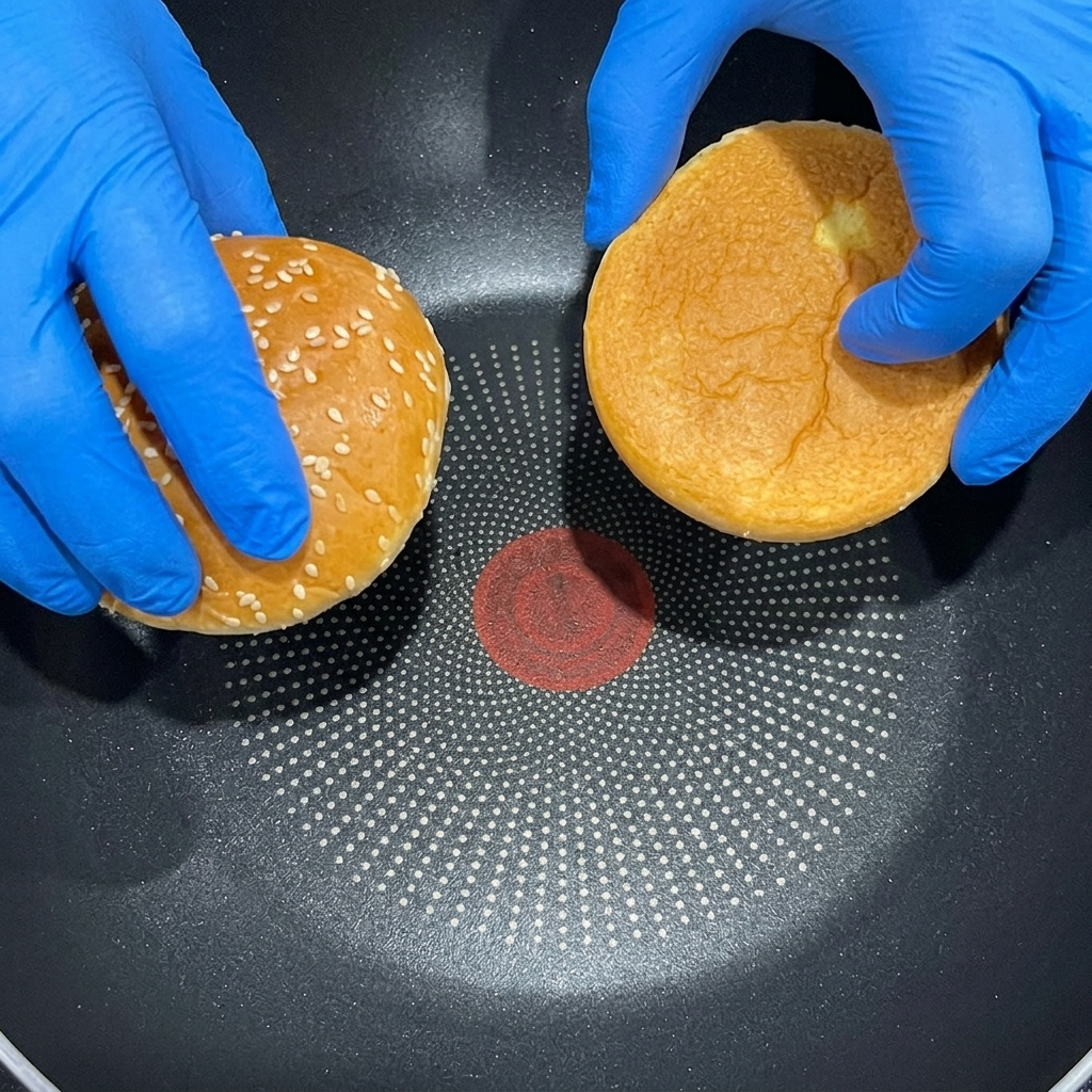 フライパンでブリオッシュバンズの切り口をトーストしている様子。