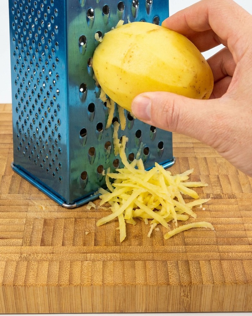 木製のまな板の上にあるジャガイモと青い手持ちおろし器