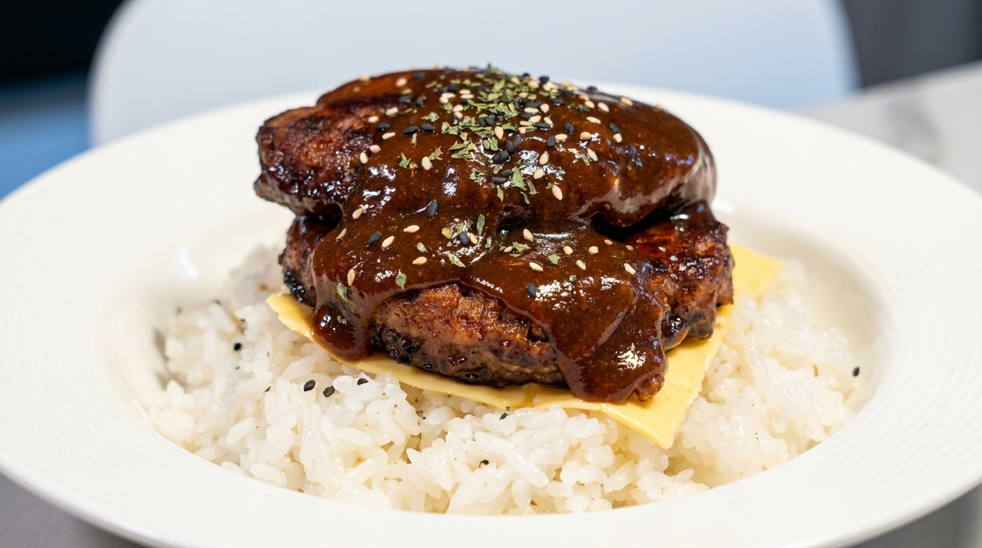 白米の上に二段重ねのハンバーグとチーズをのせ、黒ごまとパセリを散らしたハンバーグ丼。