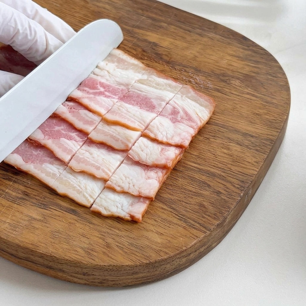 まな板の上で等間隔に切られたベーコン。