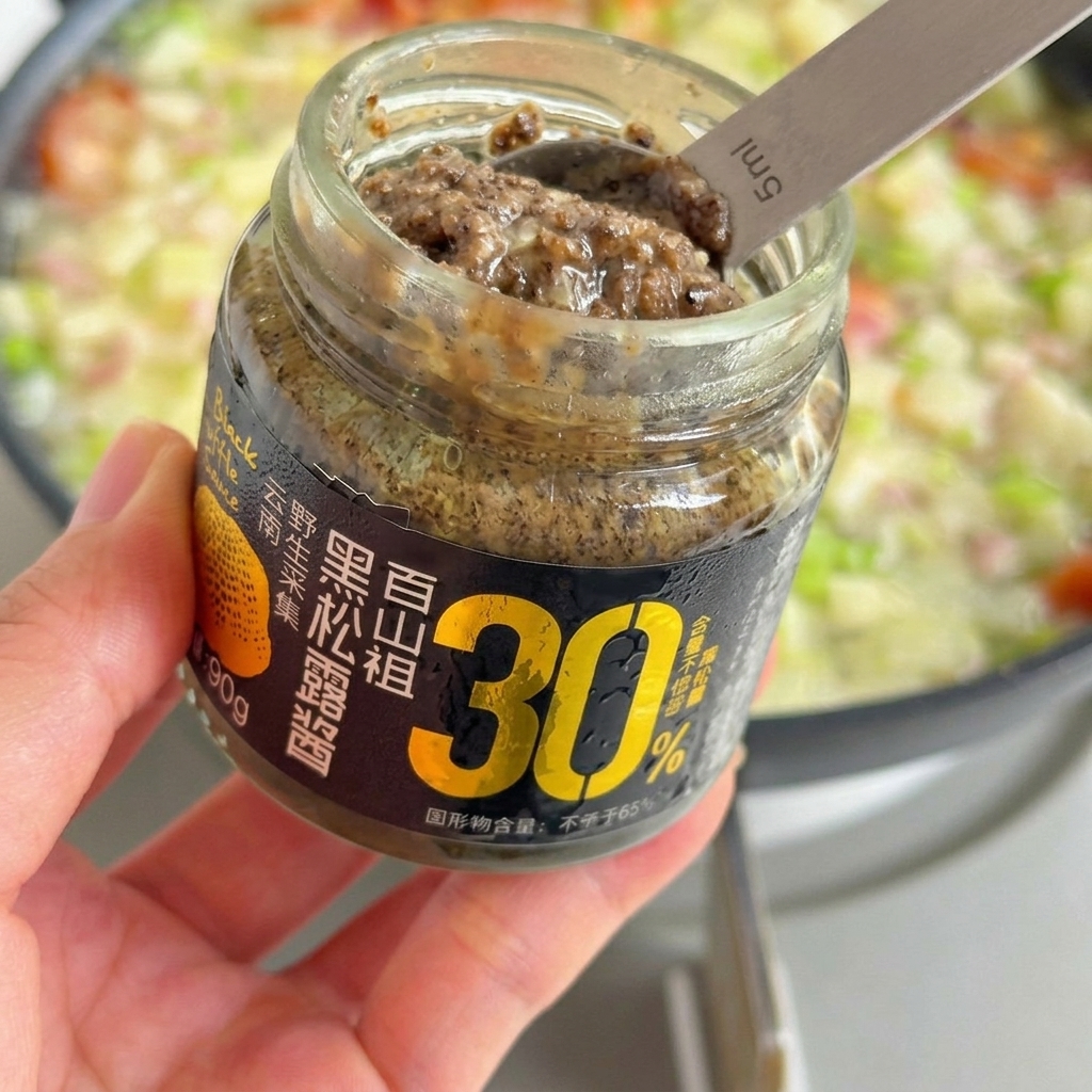 炒めた野菜が入った鍋に、黒トリュフソースをスプーンで加えている様子。