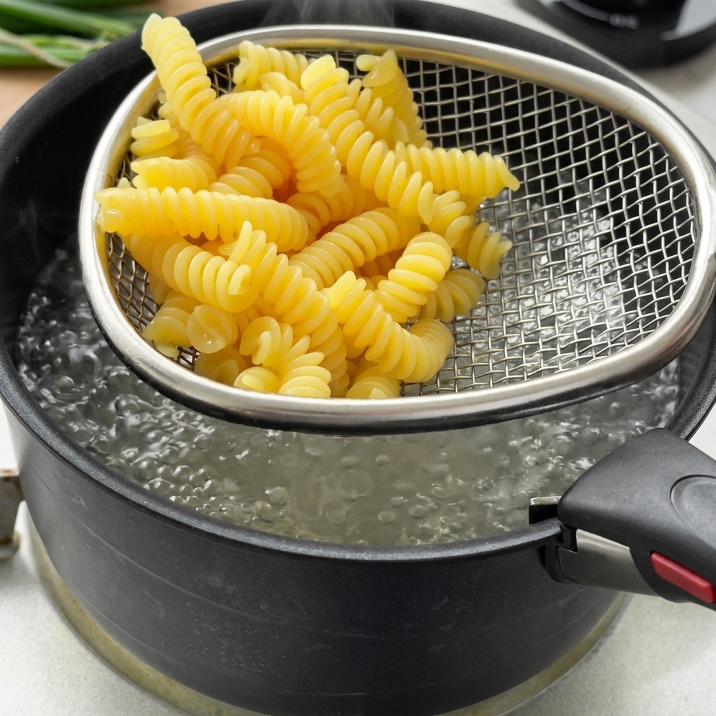 パスタが茹でられている鍋にアスパラガスを追加している様子。