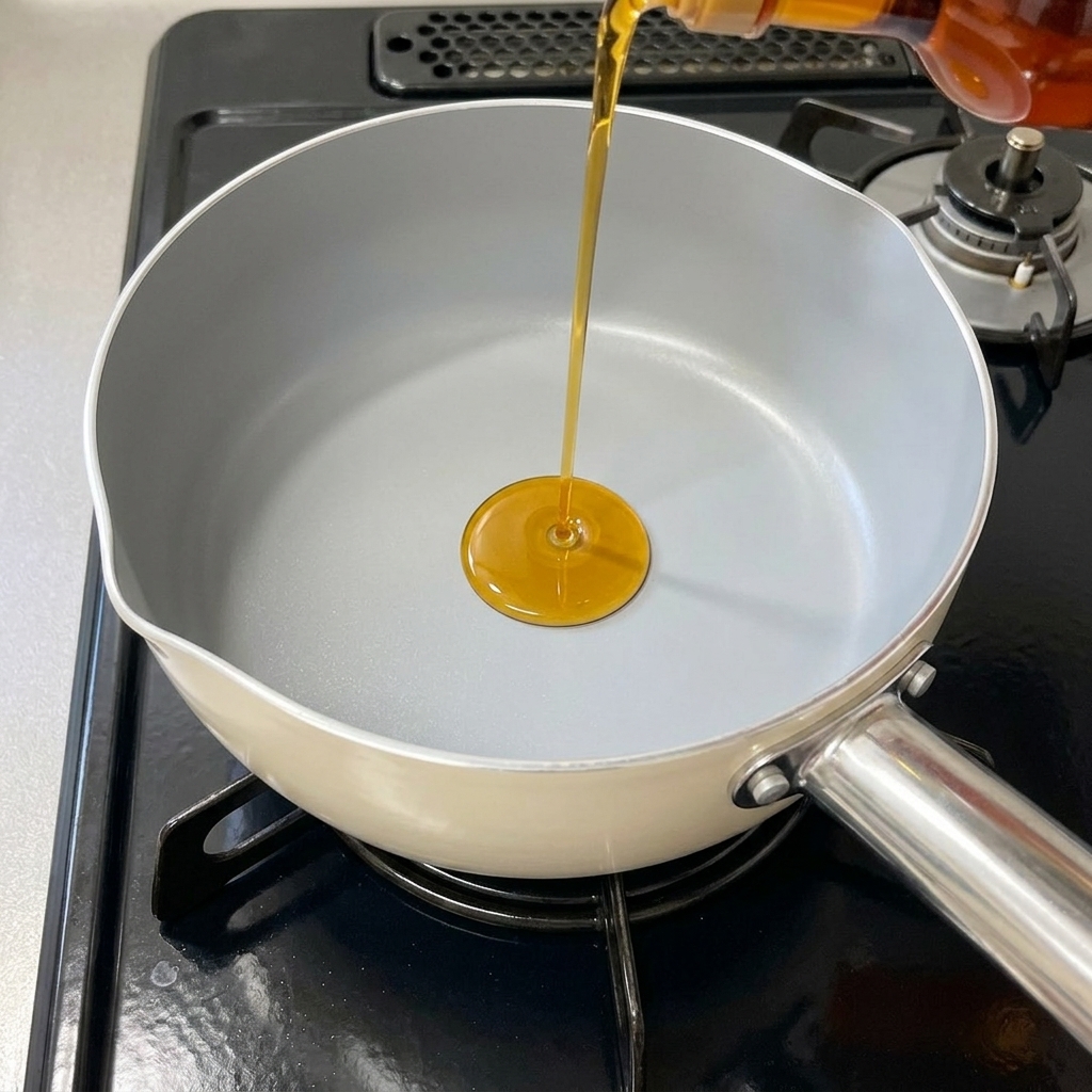フライパンの中でオイルとにんにくが泡立っている様子。