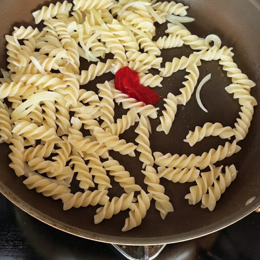 フライパンのパスタにトマトペーストと醤油を加えて和えている様子
