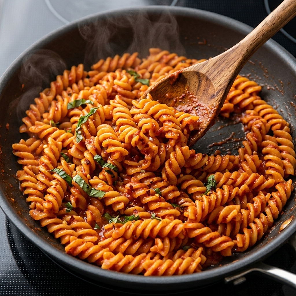 フライパンのパスタをフランベして炎が上がっている様子