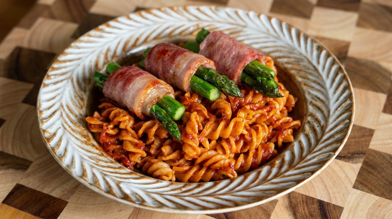 鮮やかなトマトソースを絡めたショートパスタに、カリッと焼いたアスパラベーコンを添えて。