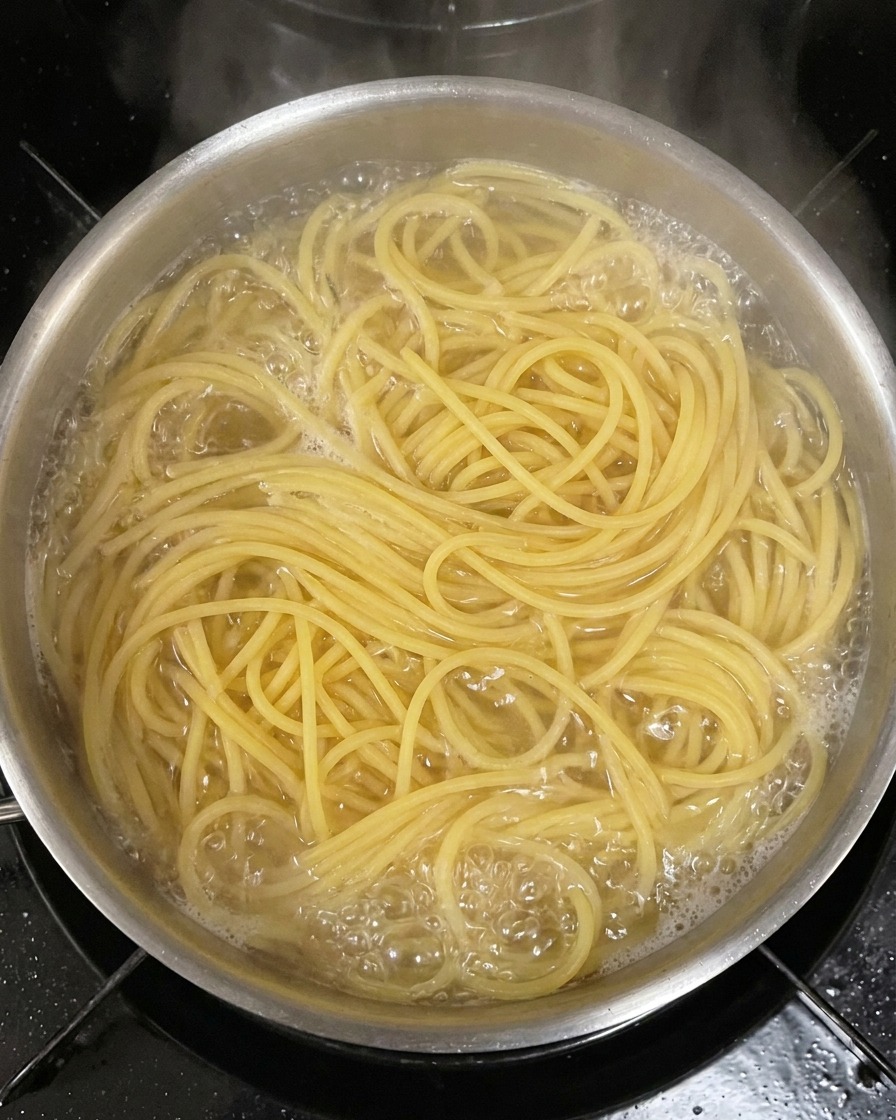 大きな鍋でスパゲッティを茹でている様子。