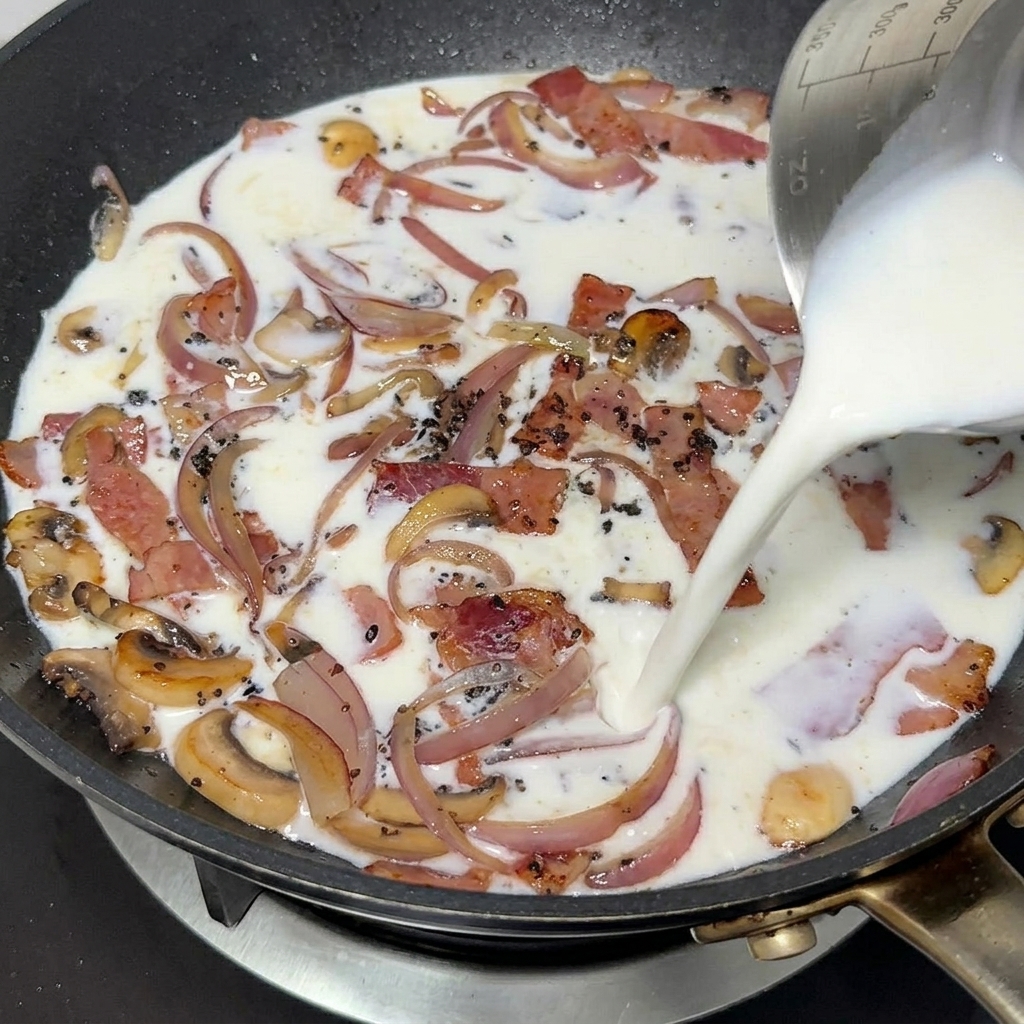 炒めた具材に牛乳を注いでいる様子。