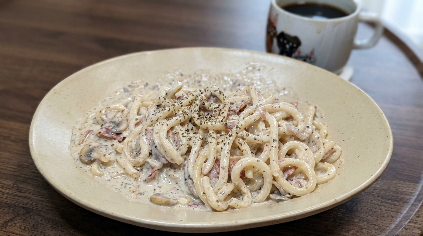 濃厚トリュフ香る、ベーコンとキノコのクリームうどん