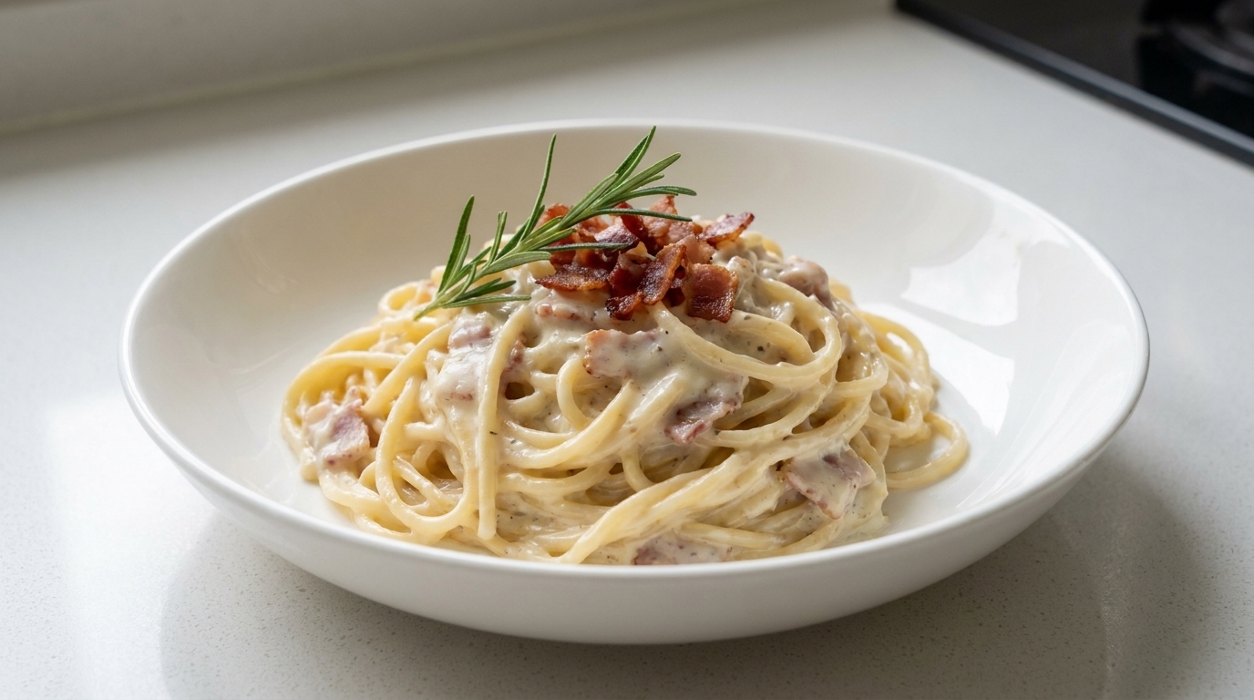 クリーミーなベーコンとキノコのパスタ