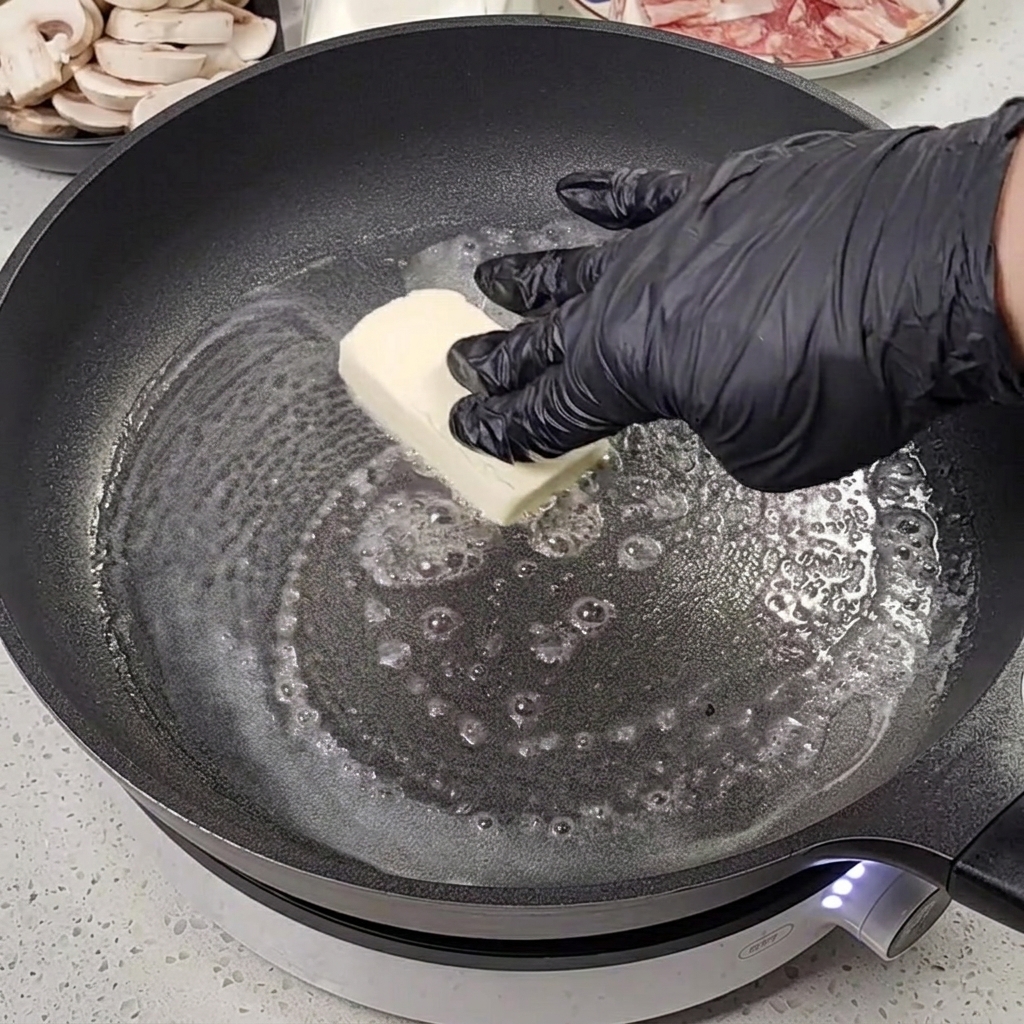 熱したフライパンの中でバターが溶けている様子。