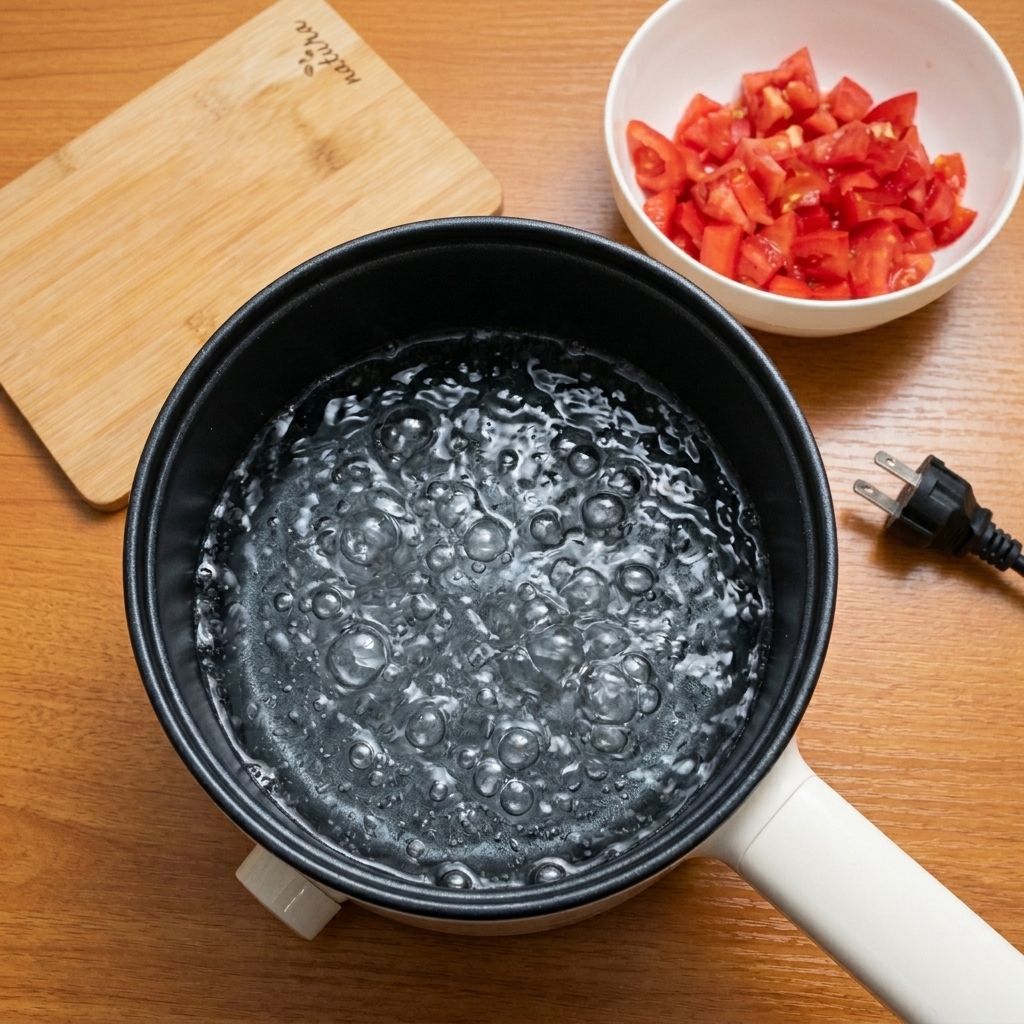 沸騰した湯に塩を入れる様子